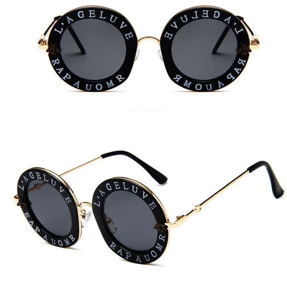 Luxury Round Oversized Sunglasses‎ Black Gold Designer Style Women Shades Trendy